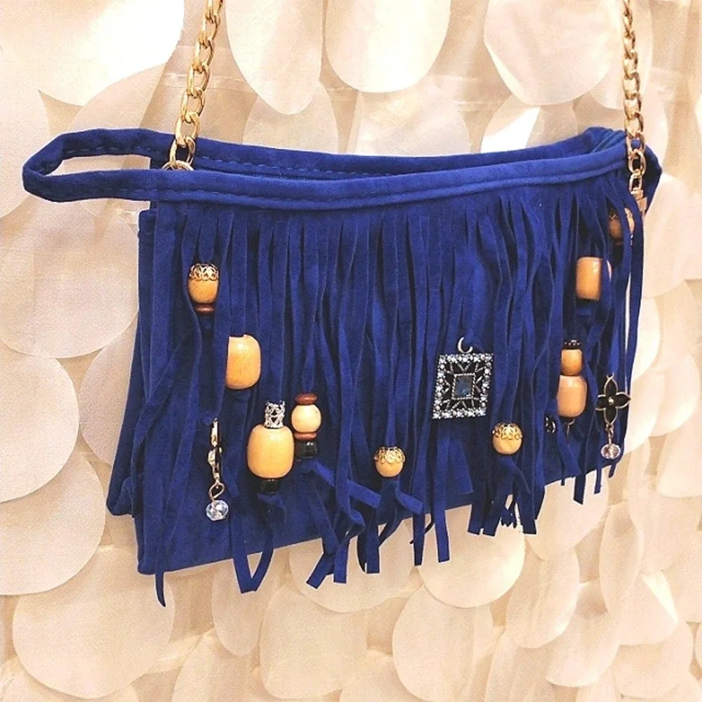 Fringed CROSSBODY BLUE Purse‎ Clutch w Chain Charm Enamel Flower Charm